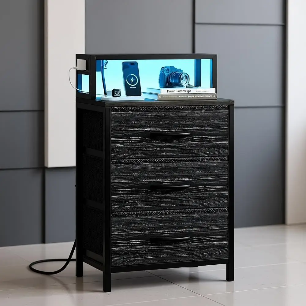 

41 Inch Tall Nightstand with Charging Station, LED Night Stand with 6 Fabric Drawers, Bed Side Table with 3-Tier Wood Storage Sh