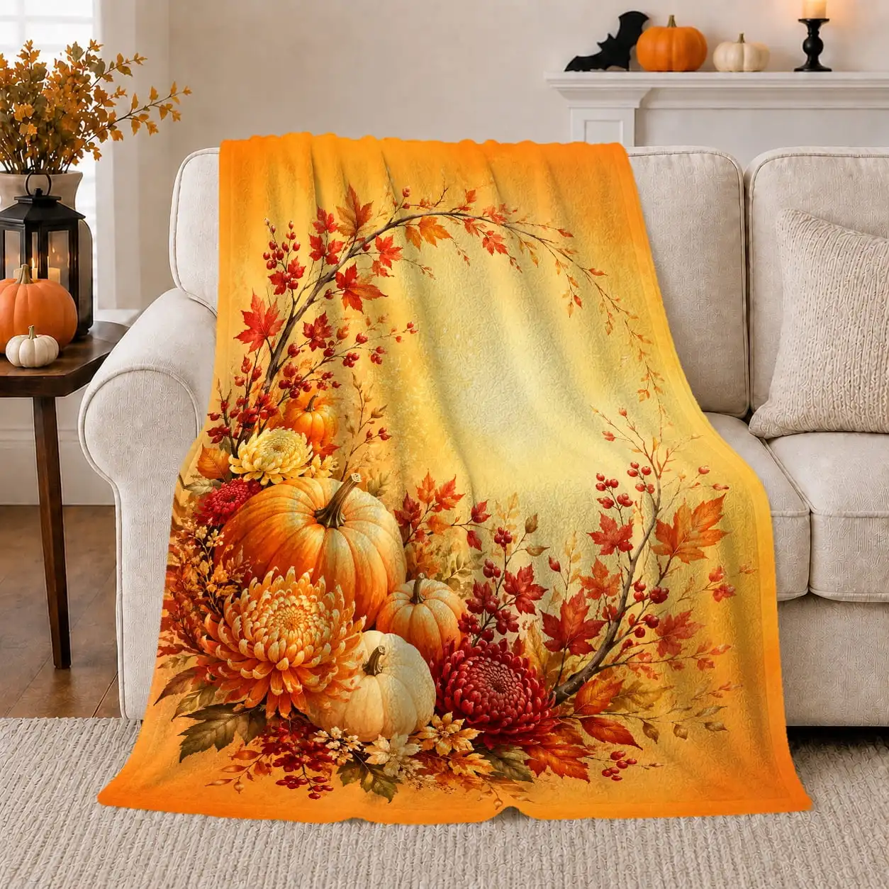 Harvest Pumpkins with Mums, Festive Farmhouse Style for Autumn Lovers, Golden Floral Bounty and Thanksgiving Gift, Cozy