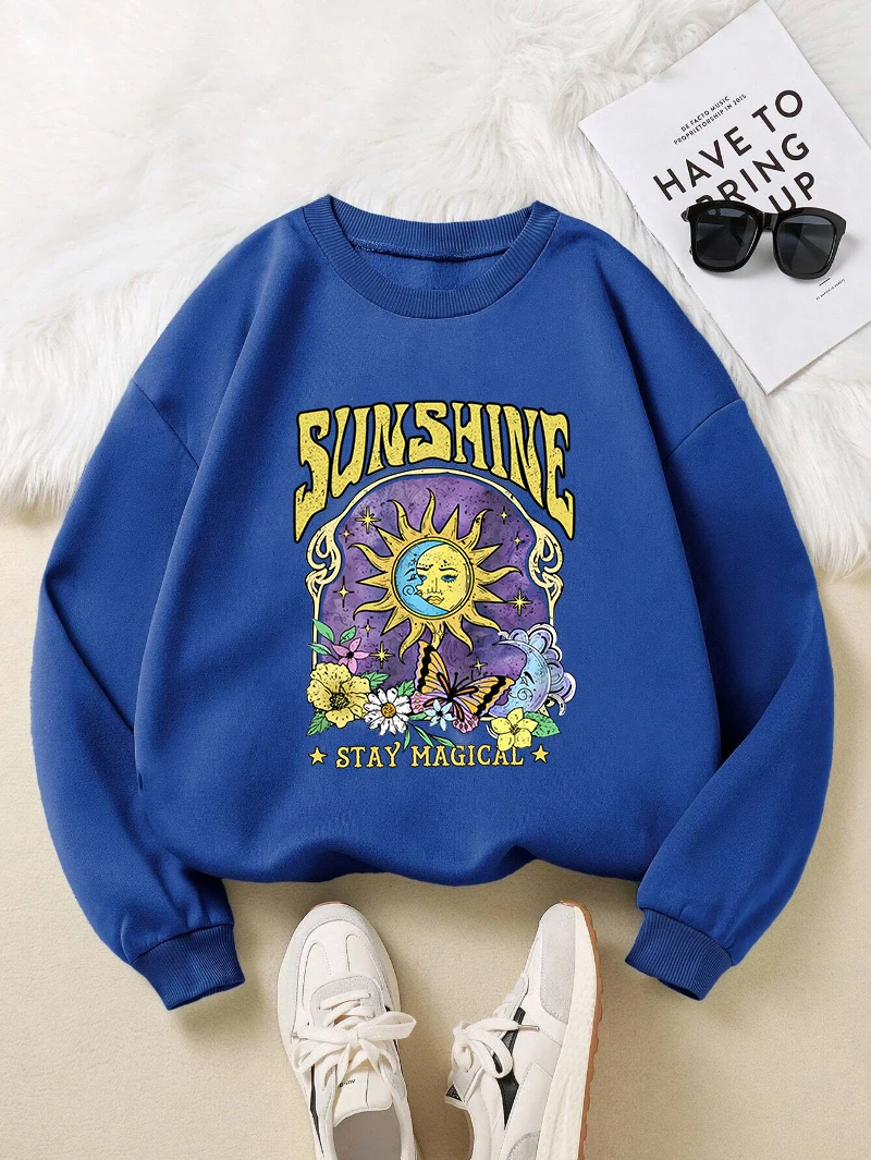 Fashion Womens Hoodie Sunshine Flower Butterfly Printing Sweatshirt Crewneck Soft Warm Breathable Pullover Autumn Female Tops