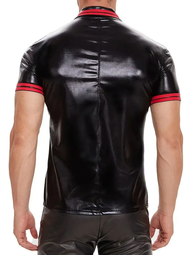 S-5XL Shiny Faux PU Leather Short Sleeve T Shirt Men Turn Down Collar Tshirt Tights Cosplay Hot Shapers Muscle Tees Clubwear Top