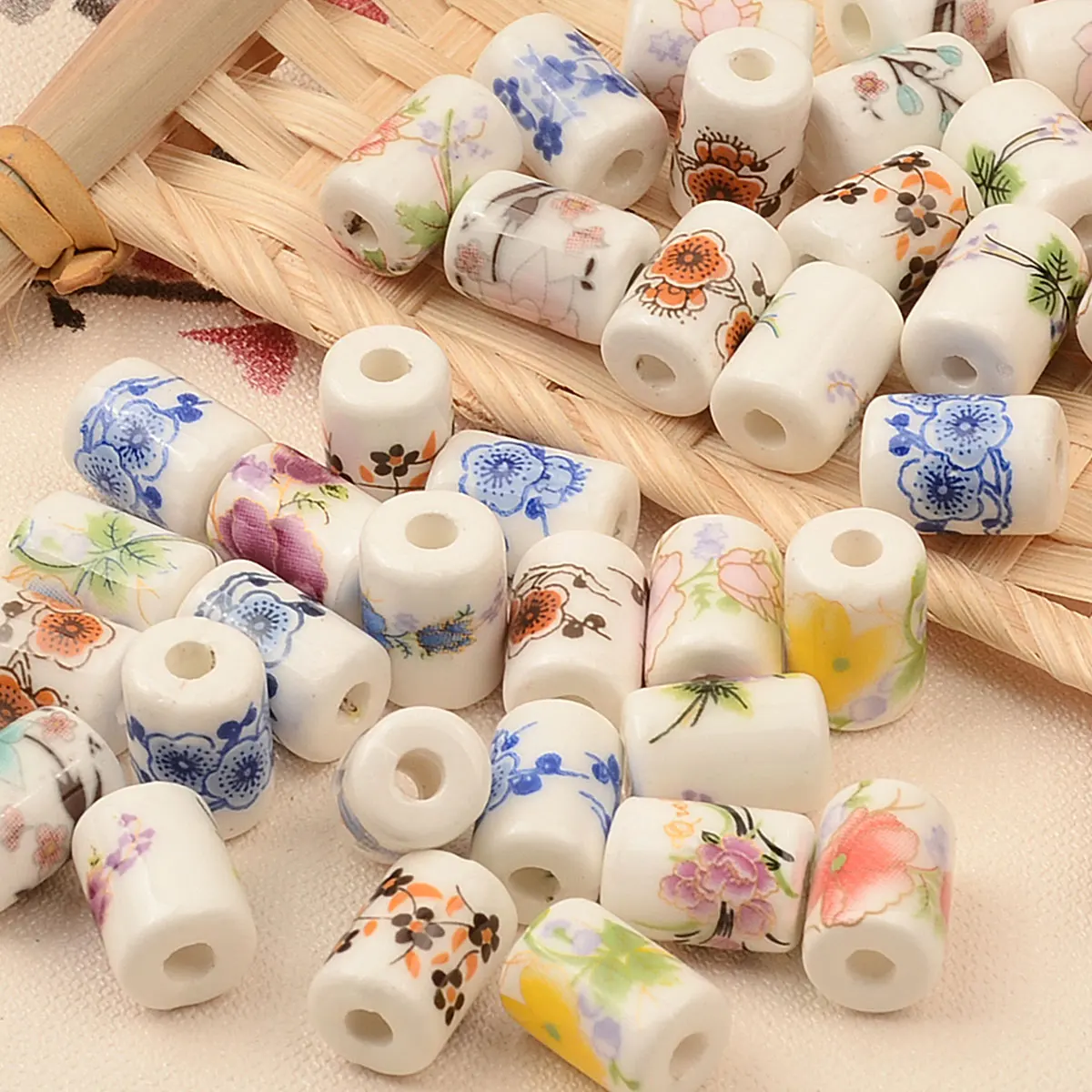 0.8x1.2cm 20 sztuk losowy kolor Mix drukowanie kwiatowy wzór koraliki porcelanowe Cylinder ceramiczny wisiorek DIY tworzenia biżuterii — zdjęcie 7