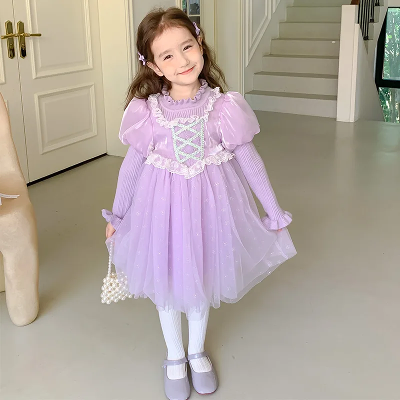 Autumn Dress for Baby Kids Girls Vestidos Birthday Party Dress Princess Evening Girl Dresses Mesh Purple Children Clothes Girls