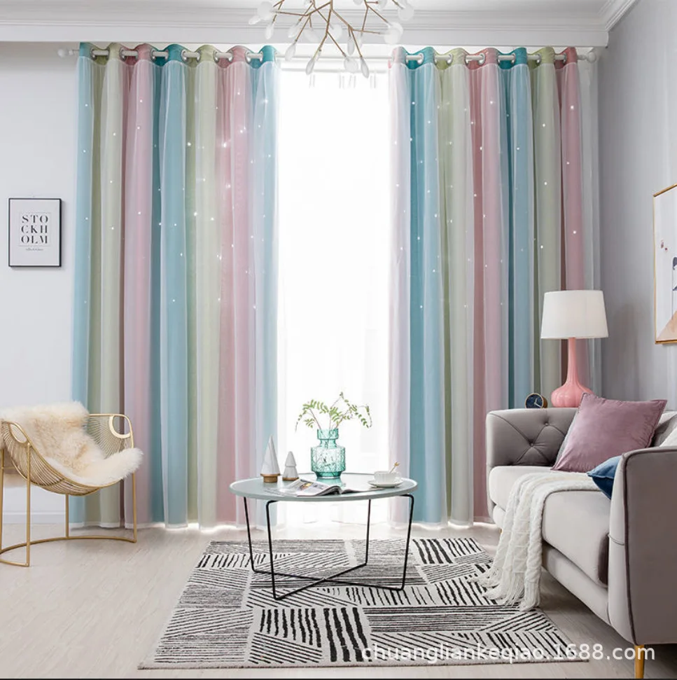 

Hollow Star Double-Layer Shading Curtain Hollow Bow Bedroom Children Girls Pink Gradual Change Turtain For Living Room Window D