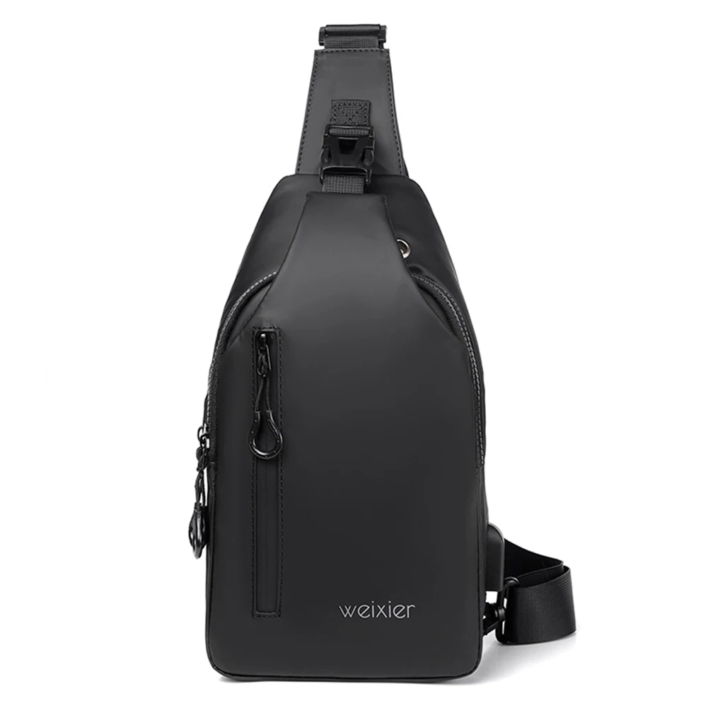 Mochila de pecho Oxford para hombre, puerto de carga USB, bolso cruzado de viaje para ciclismo, color negro