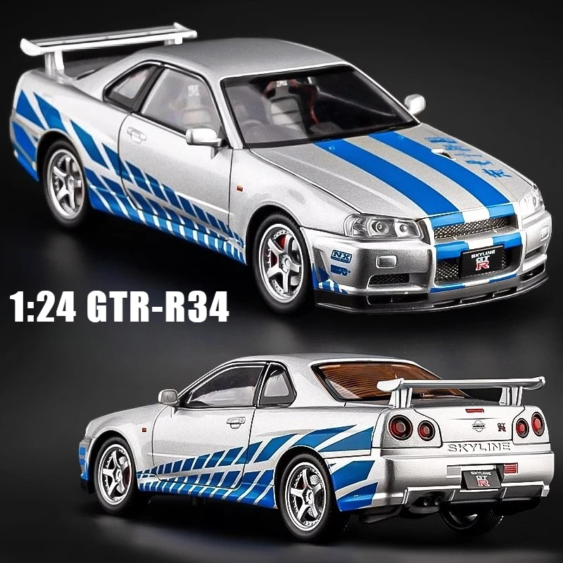 1:24 GTR R34 Skylin coche deportivo simulación Diecast Metal aleación modelo coche sonido luz tirar hacia atrás colección niños juguetes regalos