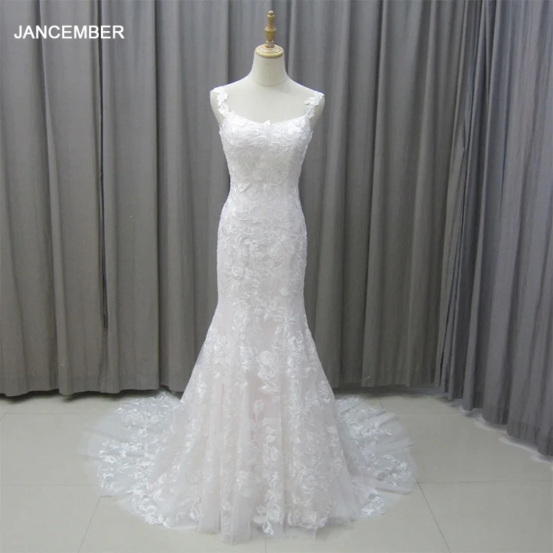 

Jancember Elegant Wedding Dress For Women 2024 Spaghetti Straps Lace Vestidos De Novia With Button Sweep Train Custom Made