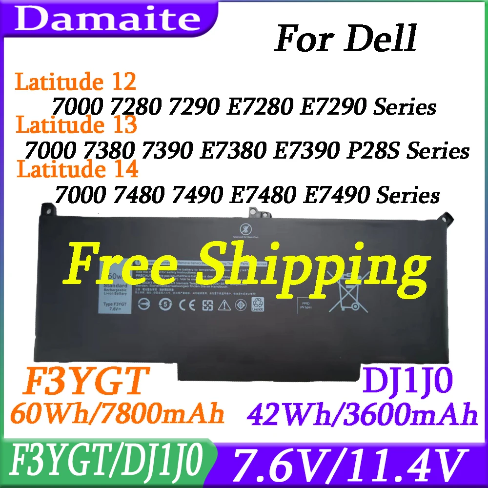 NEW F3YGT DJ1J0 Battery For Dell 7480 2X39G Latitude 12 7000 7280 7290 E7280 E7290 E7380 E7390 13 7000 7380 7390 14 74807490