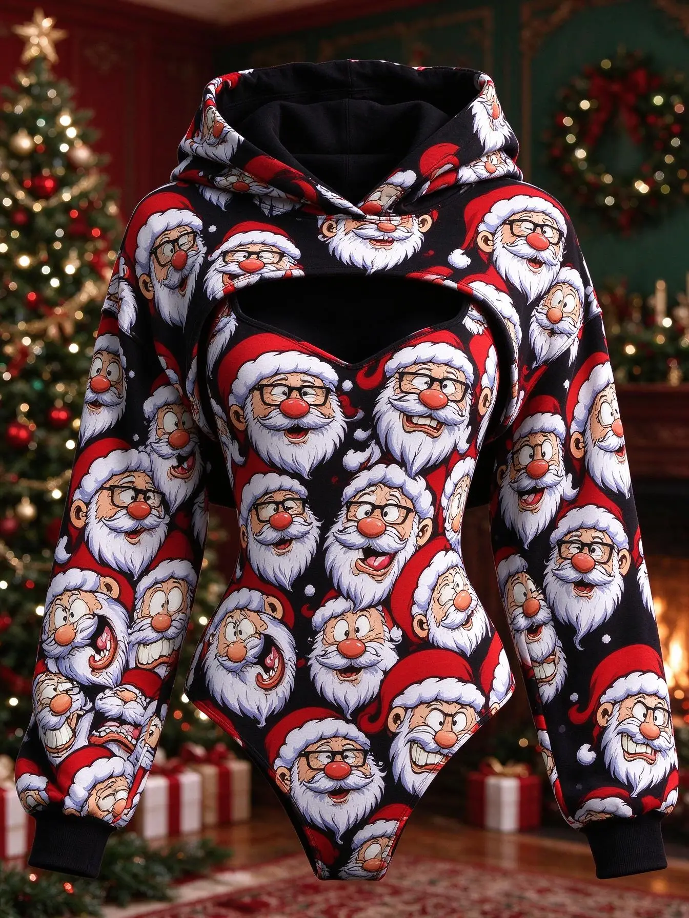 Christmas Women 2 Piece Set Black Cute Corgi Cat Piggy Santa Hat Snow Print Bodysuit & Hooded Shrug Xmas Party Outfit view 5
