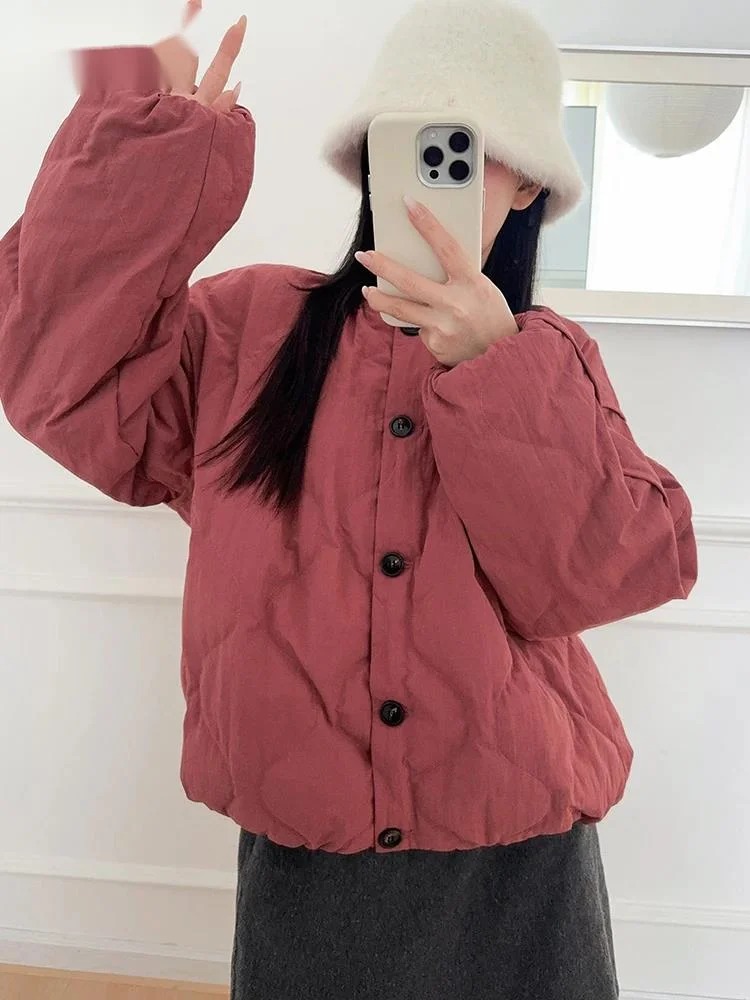 Beige Big Size Warm Down Jacket New Round Neck Long Sleeve Warm Women Parkas Fashion Tide Autumn Winter