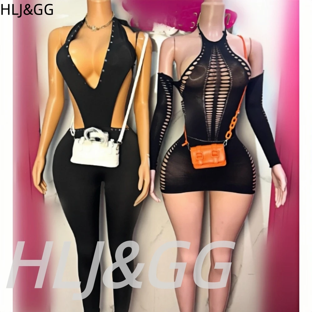 

HLJ&GG Sexy Hollow Out Bodycon Mini Dresses Women Halter Backless Long Sleeve Slim Vestidos Summer New Solid Clubwear Streetwear