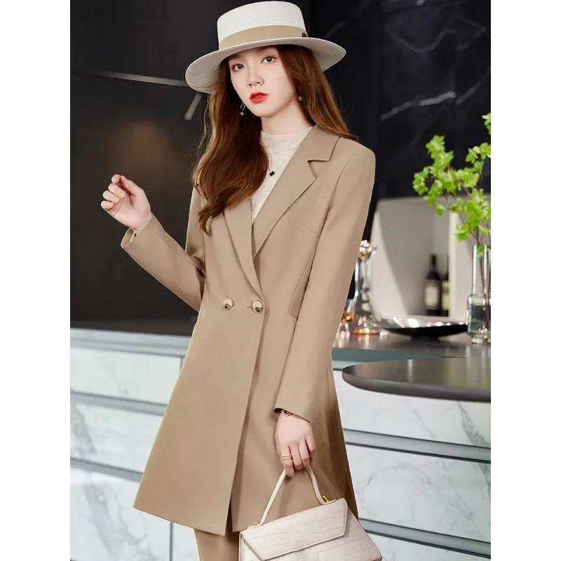 Women Suit Long Blazer Apricot Black Solid Office Ladies Female Work Wear Formal Jacket Coat Outfit