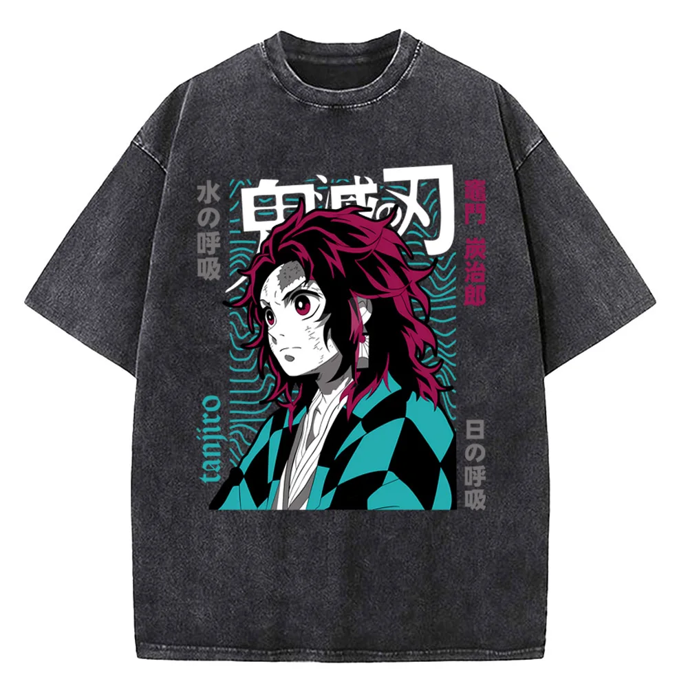 

Футболка Demon Slayer Tanjiro Water & Sun Breathing в стиле ретро-аниме, с эффектом кислотной стирки, оверсайз, черная, летняя уличная одежда 2026, с графическим принтом
