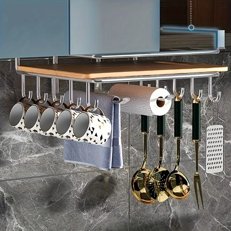 No Drill Stainless Steel Kitchen Rack Under Hanging Cabinet Holder for Cutting Board Chopping Board Paper Towel Pot Lid Storage