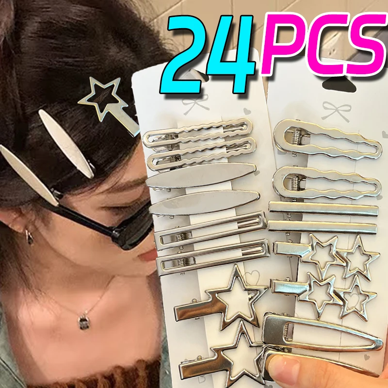 Y2K Silver Metal Hairpins Women Stars Side Bangs Barrettes Multiple Styles Seamless Duckbill Hairs Clip Girls Hair Accessoires