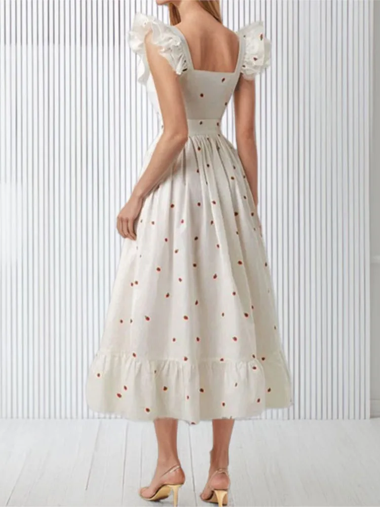 Abito casual a vita alta di nuova moda da donna Primavera Elegante temperamento Colletto quadrato Manica volante Abiti a vita con fiori spezzati