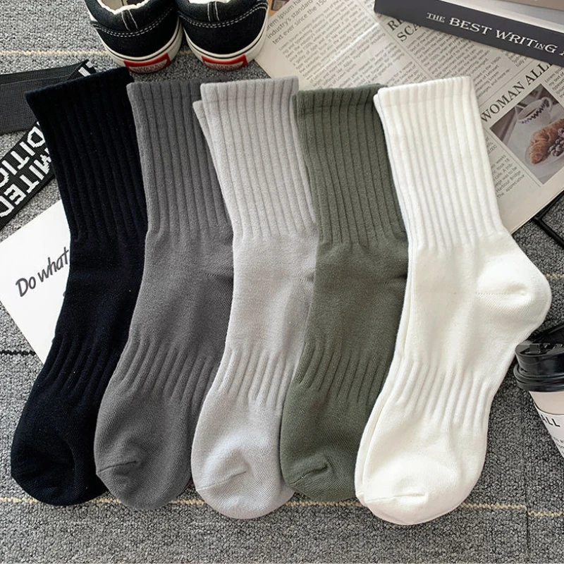 5 Pairs High Quality Men Socks Autumn Winter Male Warm Solid Color Athletic Midcalf Socks Thickened Sweat-absorbent Sports Socks