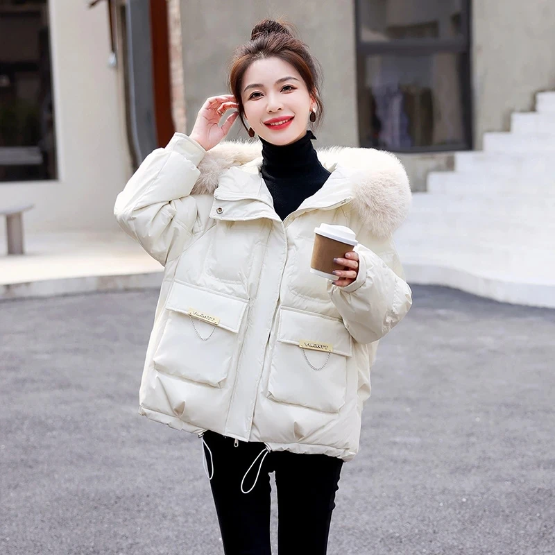 

Down Cotton Jacket For Women 2025 New Winter Korean Thicken Warm Hooded Parkas Coat Ladies Loose Fur Collor Puffer Overcoat