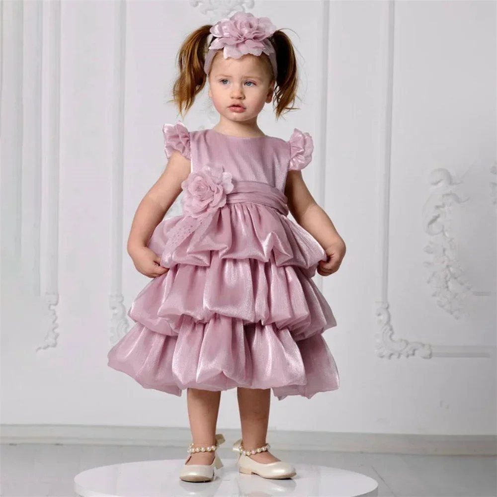 

Pretty Wedding Girl Dress Pleat Elegant Style Short Sleeve A Line Tea Length Classic Summer Flower Girl Communion Gown New