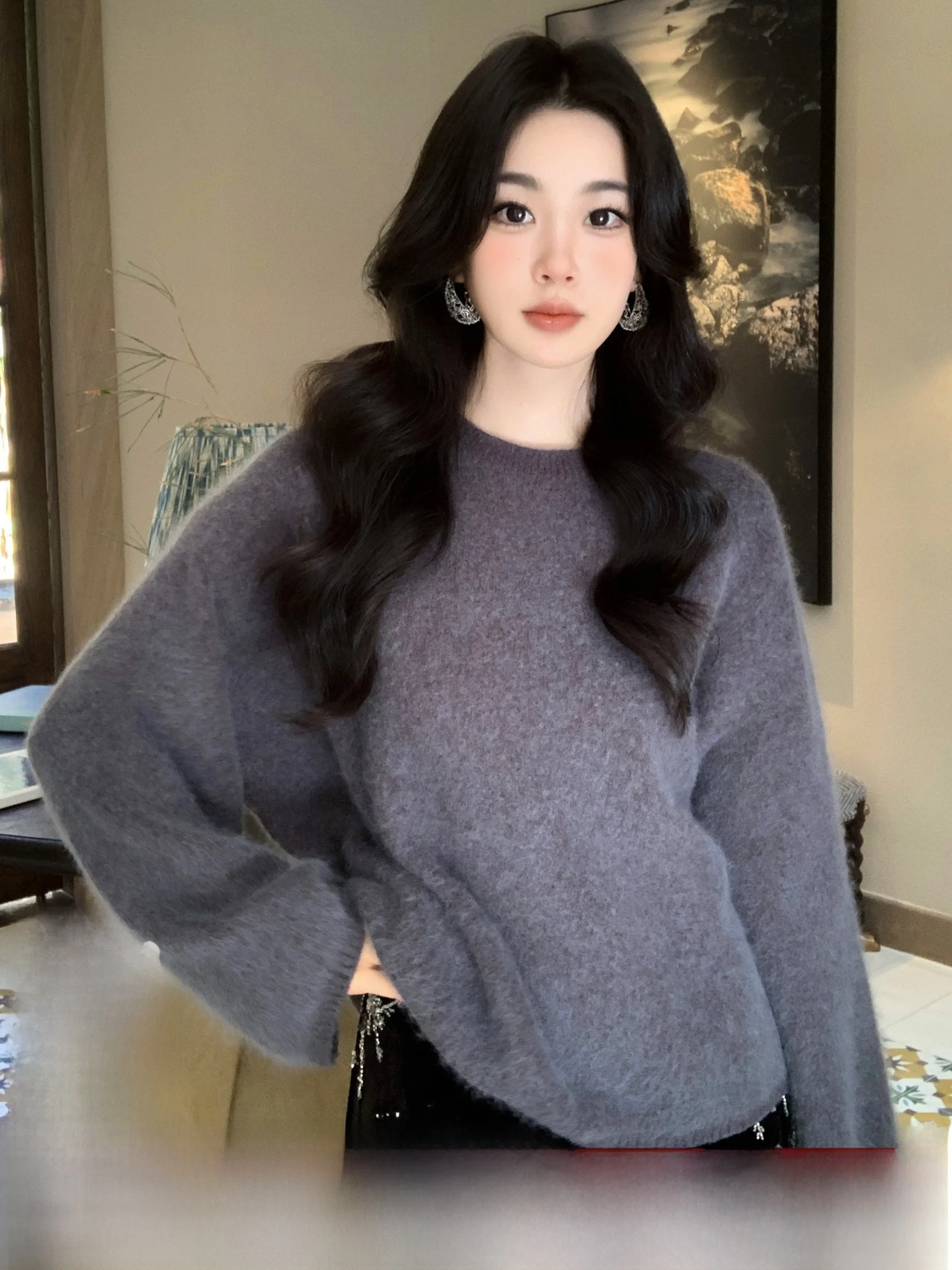 

Мягкий толстый кроличий мех, круглый вязаный свитер, однотонный, повседневный, удобный, женский, модный, зимний трикотаж, SYT ярких цветов