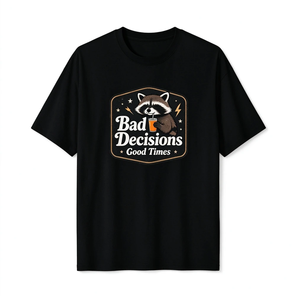 Unisex Funny Graphic T-shirt, Bad Decisions Raccoon Print Casual Tee, Good Times Retro Short Sleeve Top