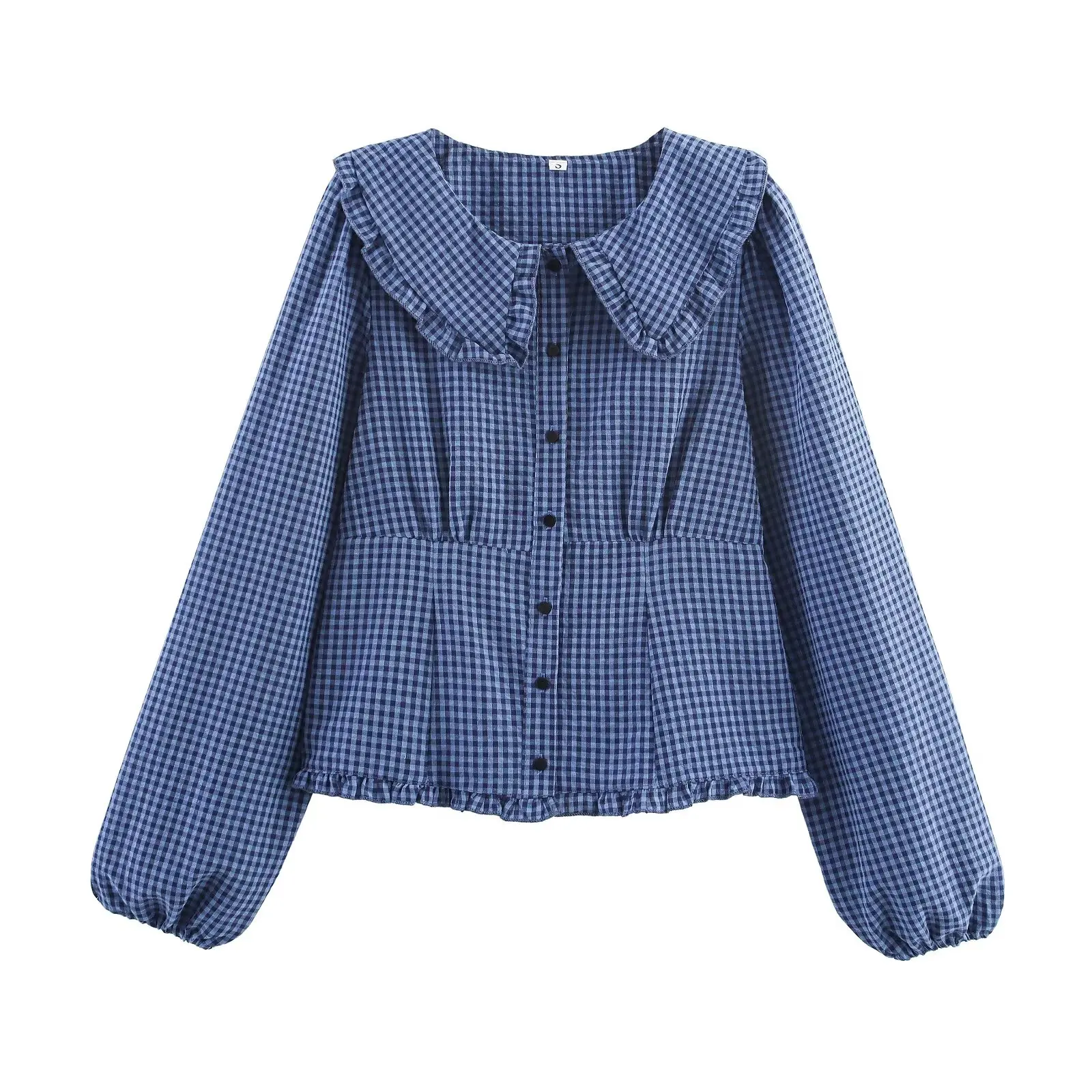 

Topenomi Fashion Plaid Long Sleeve Shirt Women Sweet Ruffle Peter Pan Collar Single Breasted Top Fashion Simple Versatile Blouse