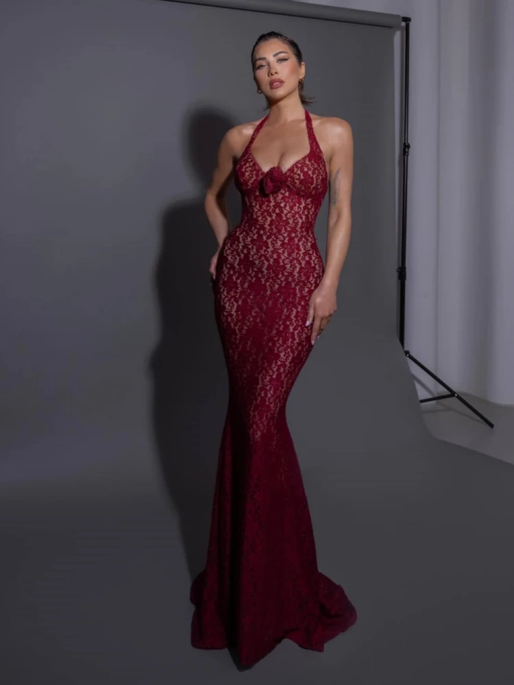 Sexy Halter Flower Lace Long Mermaid Dress Women Burgundy Sleeveless Backless Slim Maxi Dresses Elegant Party Runway Gowns