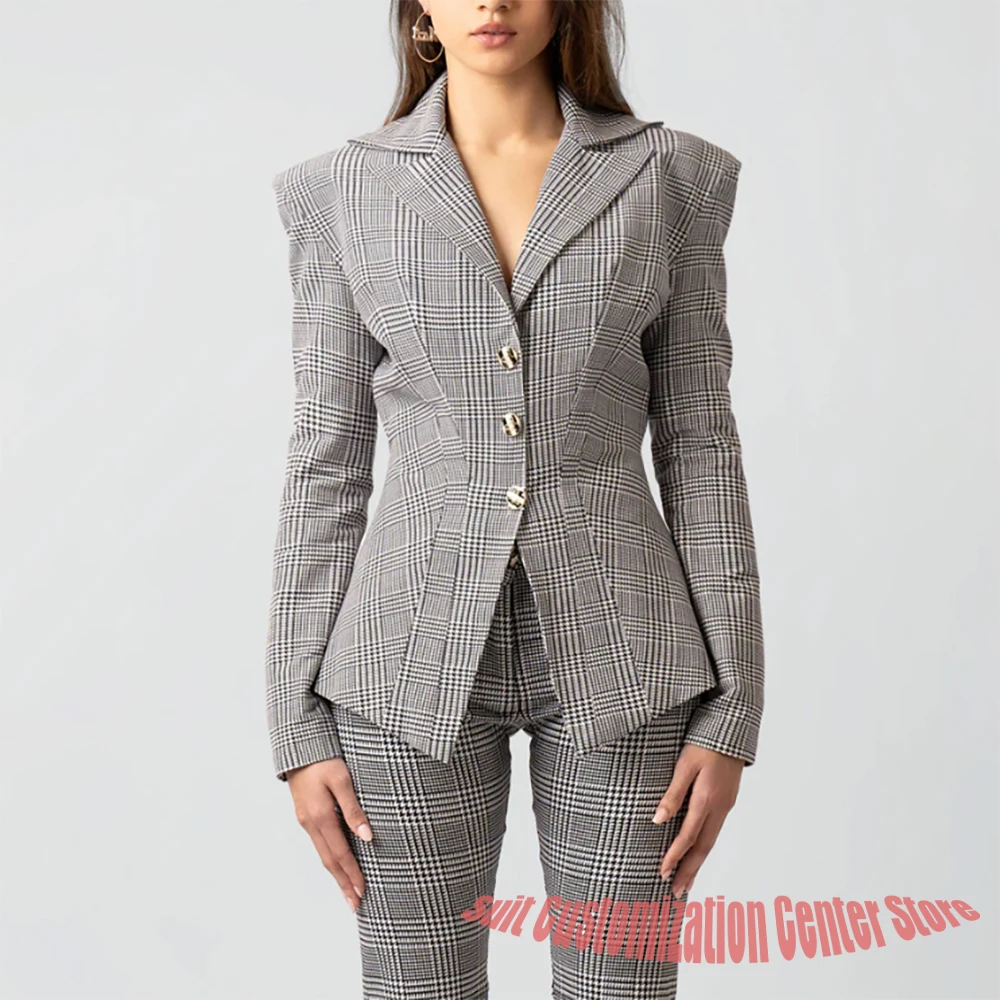 

Professional Women's Plaid Suit Tailored Single Breasted Blazer+Pants Set Slim Fit Checkered Elegant Office Formal Outerwears