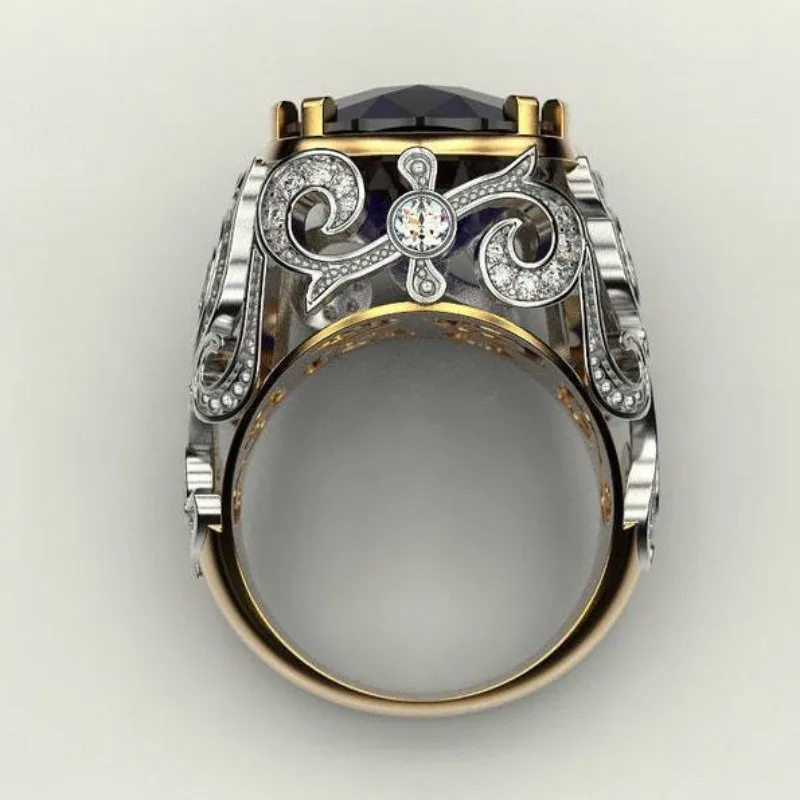 sapphire blue fat square gemstone two-color pattern luxury high-end copper inlaid zircon ring atmospheric jewelry