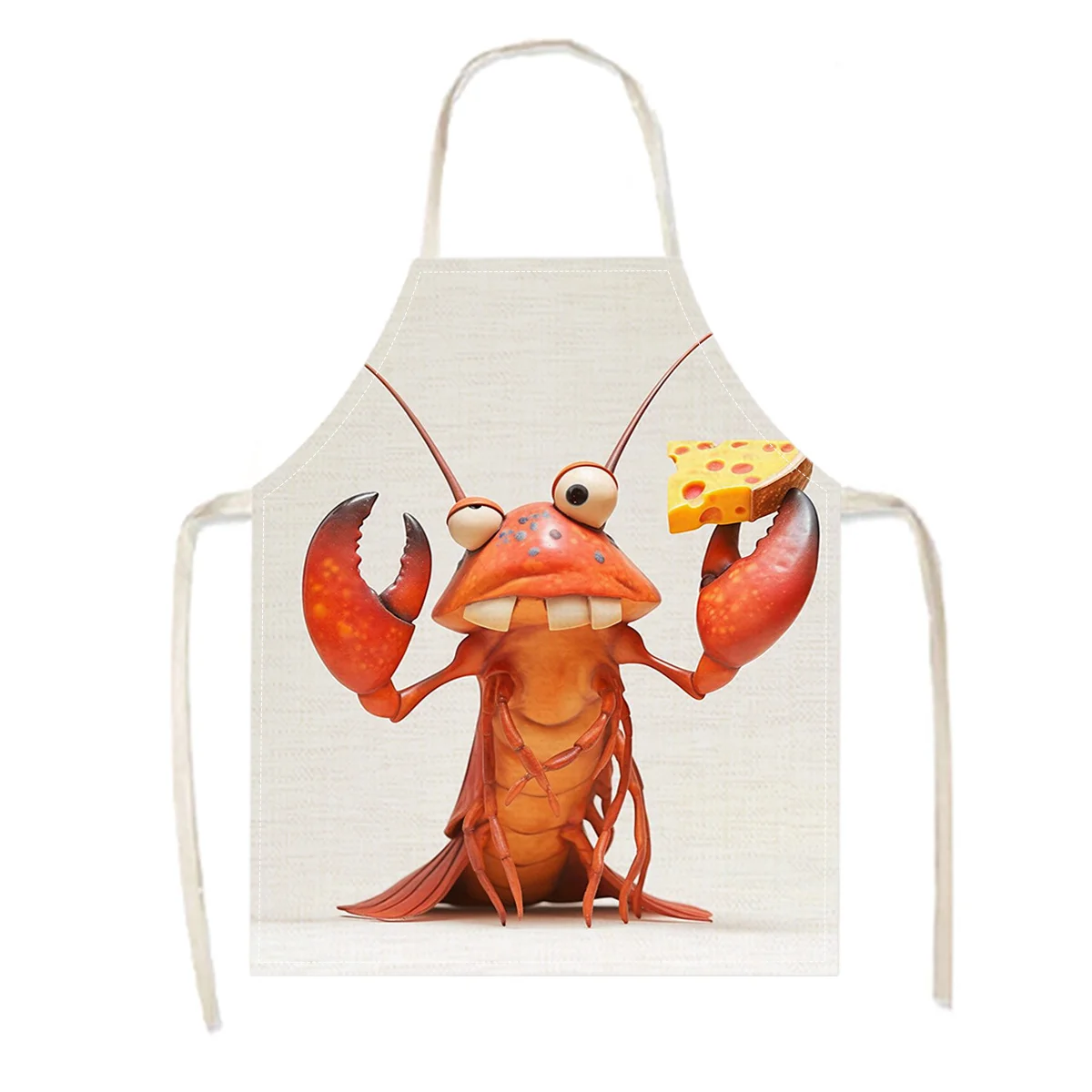 1pc, Funny Cartoon Lobster Holding Cheese Kitchen Apron Novelty Chef Cooking Bib For Seafood Lovers Linen Material Unisex
