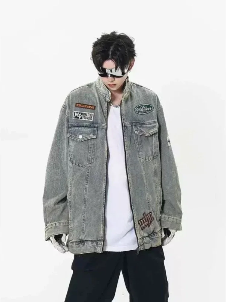 

Винтажные джинсовые куртки с воротником-стойкой на молнии, мужские эстетические свободные японские ретро изношенные высококачественные модные ковбойские пальто с Джокером для мужчин