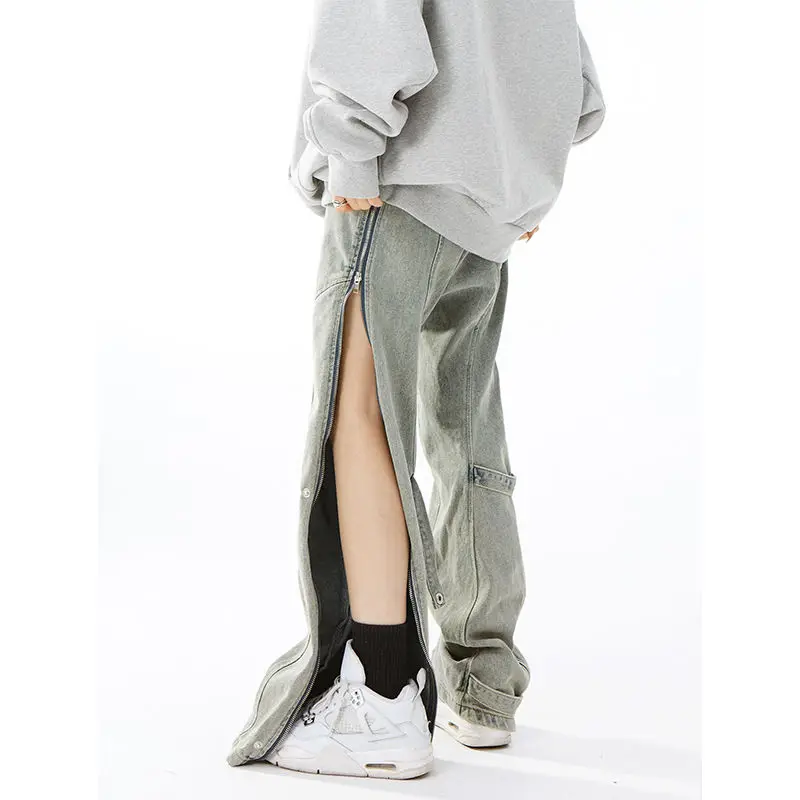 Summer yellow mud-colored niche made old washed side zipper jeans for men and women new straight slim mopping trousers