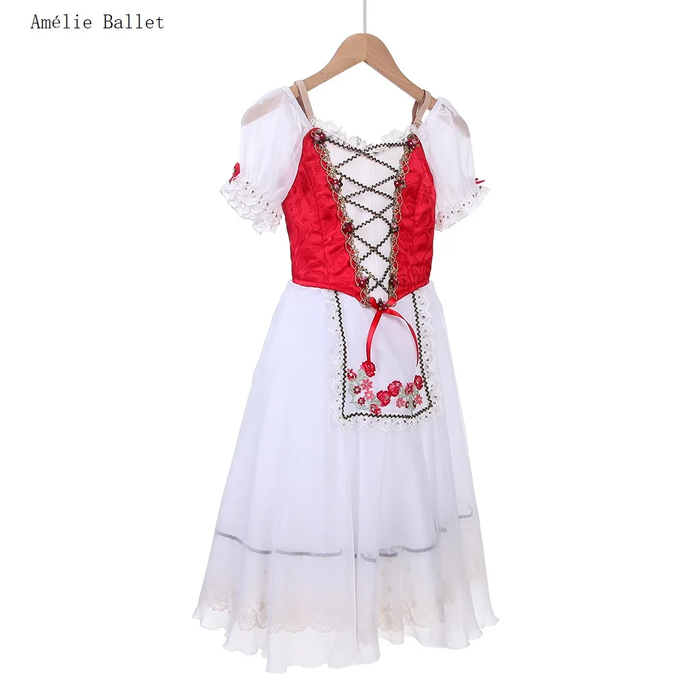 B24124 مخصص قصيرة الأكمام الأحمر المهنية رومانسية طويلة الباليه توتو أداء أزياء الرقص