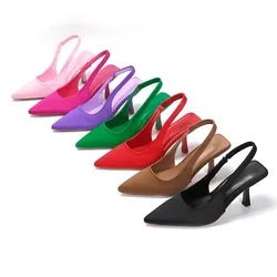 Sandalias de tacón de verano para mujer, sandalias con talón descubierto en punta roja, zapatos de tacón de gatito verde, negro y morado, tacones de aguja para fiesta de graduación para mujer