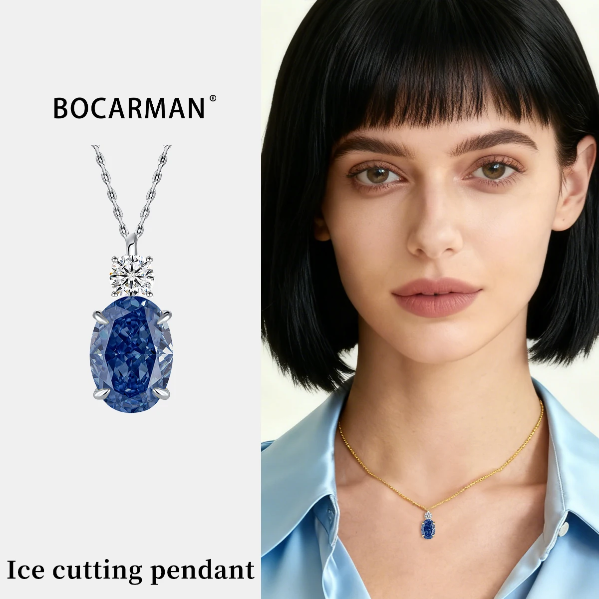 

BOCARMAN S925 silver plated platinum and golden Oval Tanzanite blue pendant Classic style ice cut White G zircon women jewelry