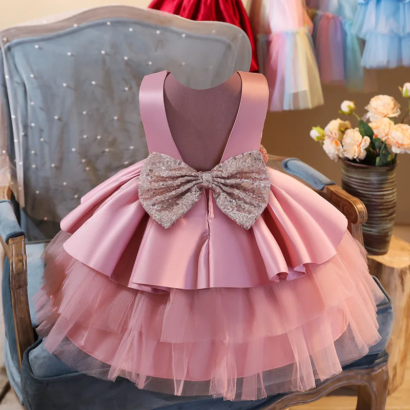 Abito rosso per bambini con fiocco grande Abito elegante da principessa con torta senza schienale per bambini per la festa di compleanno di 1° anno Abito da sera di Natale