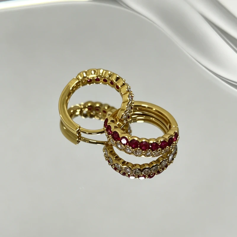 Fashionable Luxury Double-Row Diamond Red Corundum Earpins - Gold Color Women's Earrings - Classic Versatile Jewelry