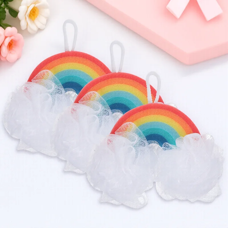 Rainbow Kids Shower Sponge Set 3pcs PU Exfoliating Bath Sponge for Gentle Skin Scrubbing and Fun Bubble Bath