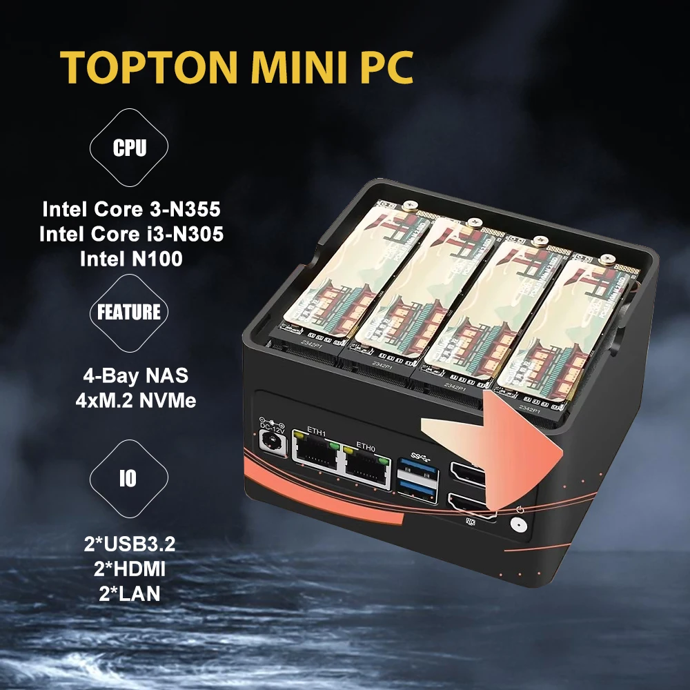 Mini PC NAS a 4 alloggiamenti N305 N150 4 x NVMe Micro server NAS per desktop Scheda NVMe 4xM.2 2 x i226-V Computer tascabile di rete LAN da 2,5 GbE