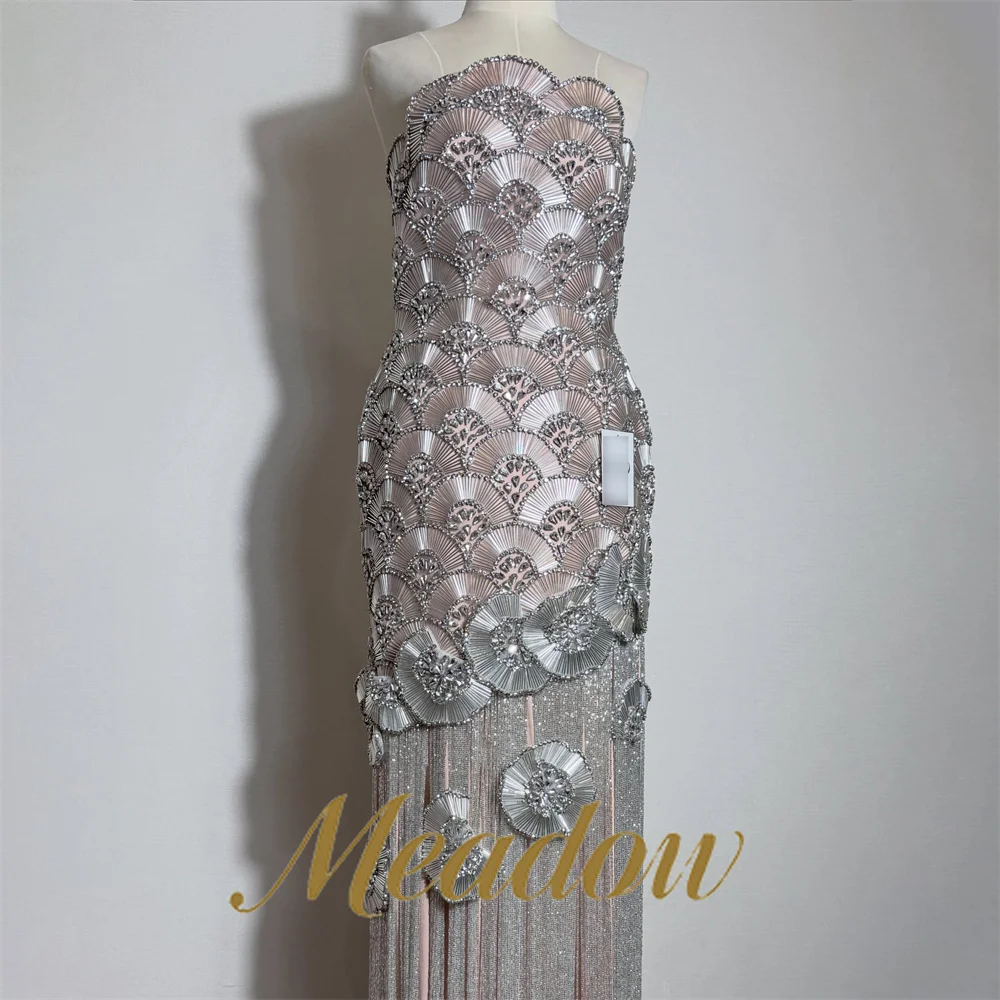 Meadow Silver Dresses For Special Events Glitter Sequin with Crystal Prom Evening Dresses Strapless Christmas Dress Customizable