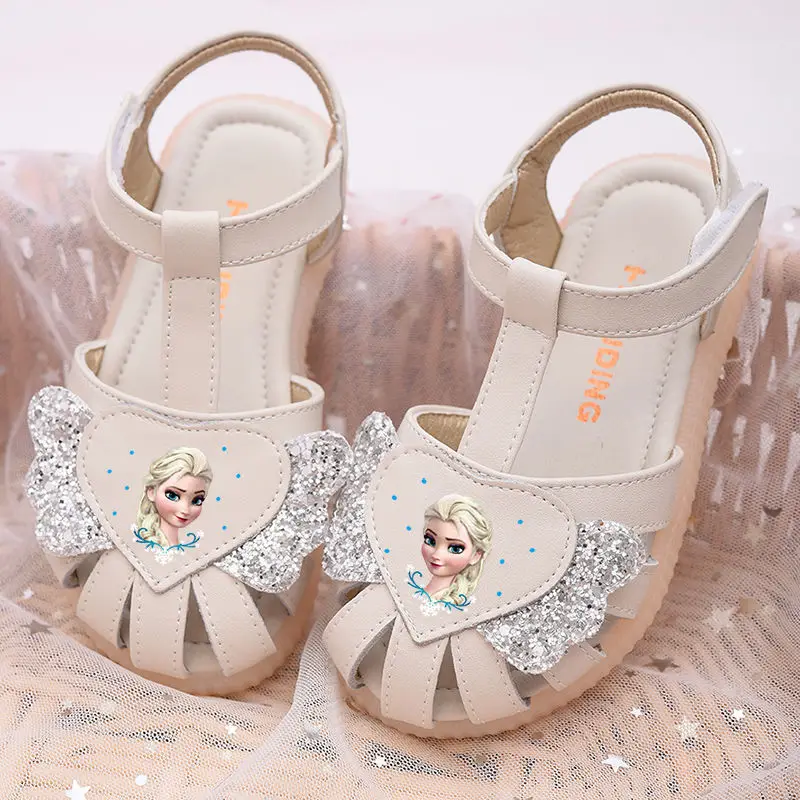 Disney Frozen Elsa Girls Sandals 2023 Summer New Genuine Leather Princess Shoes Fashion Casual Shoes Kids Beach Shoes Size 23-36