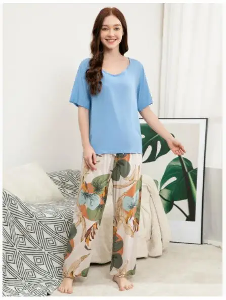 Breathable 2PCS Pajama Short Sleeve Printed Pijama Mujer Femme Loose Nightwear Suit Female Casual Homewear Pajama Set For Women 6
