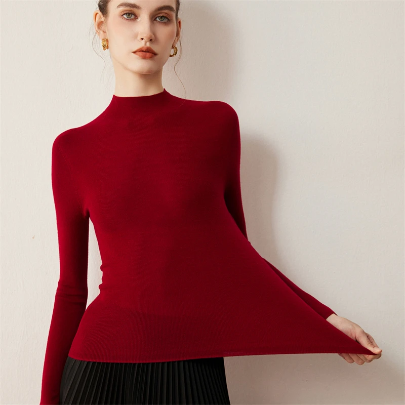 

CHICUU Machine Washable 100% Wool Sweater Women Mock Neck Pullover Autumn Winter Basic Long Sleeve Knitwear Seamless Soft Comfy