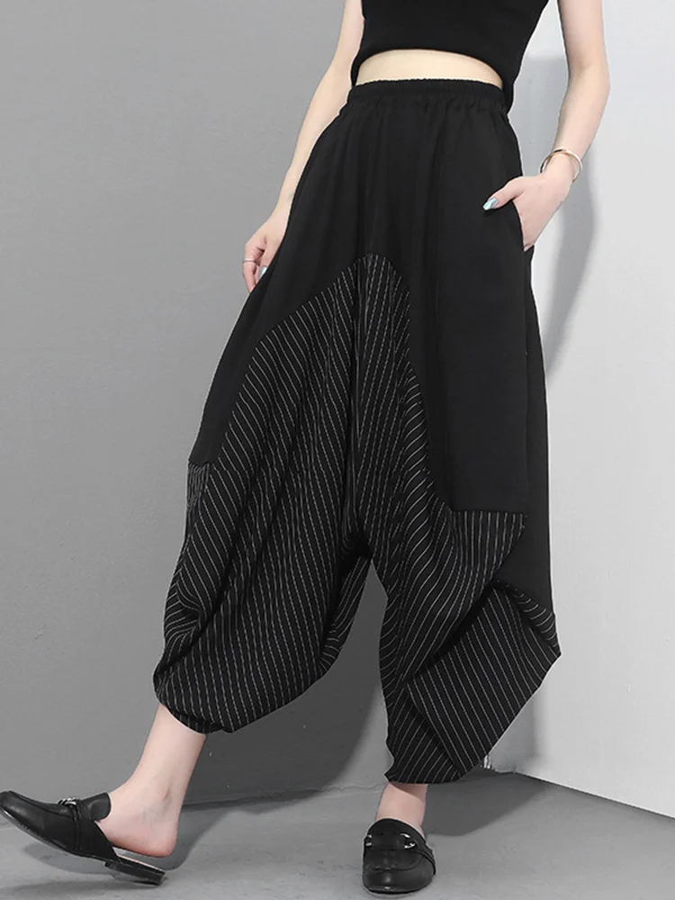 EAM High Elastic Waist Black Striped Irregular Long Harem Trousers New Loose Fit Pants Women Fashion Spring Autumn 2025 1Z313