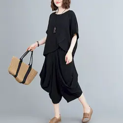 2024 frauen Anzüge Original Designer Stil Reinem Leinen Anzug Lose Unregelmäßige T-shirt Harem Hosen Zen Zwei Stück Sets Sommer Anzüge