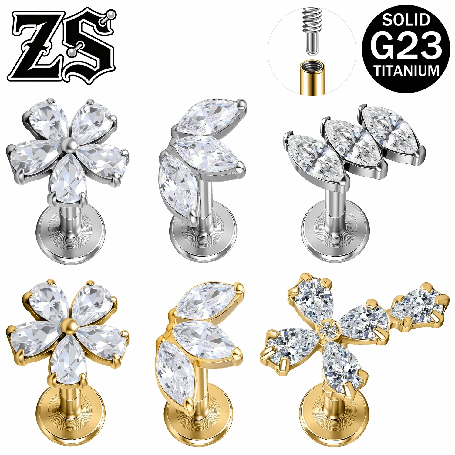 ZS ASTM F136 Titanium 16G 1 PC Lengthen Screw Stud Earring Women Girls Labret Lip Studs Flower Cross Ear Lobe Piercings Jewelry