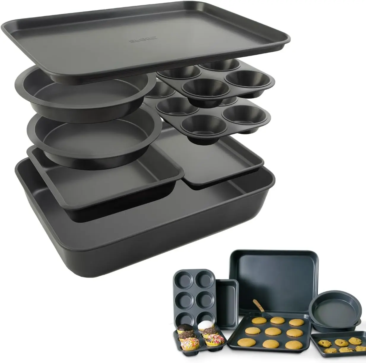 

8-Piece Nonstick Baking Set with Roasting Pan, Cookie Sheet, Cake Pans, Muffin Pans - PFOA & PFOS Free, Space Saving