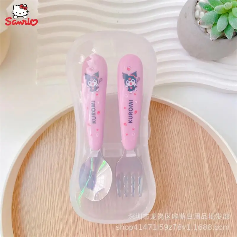 Kawaii sanhos Hello Kittys Kuromi My Melody Cartoon Cute Children stoviglie forchetta cucchiaio scatola portaoggetti portatile in due pezzi