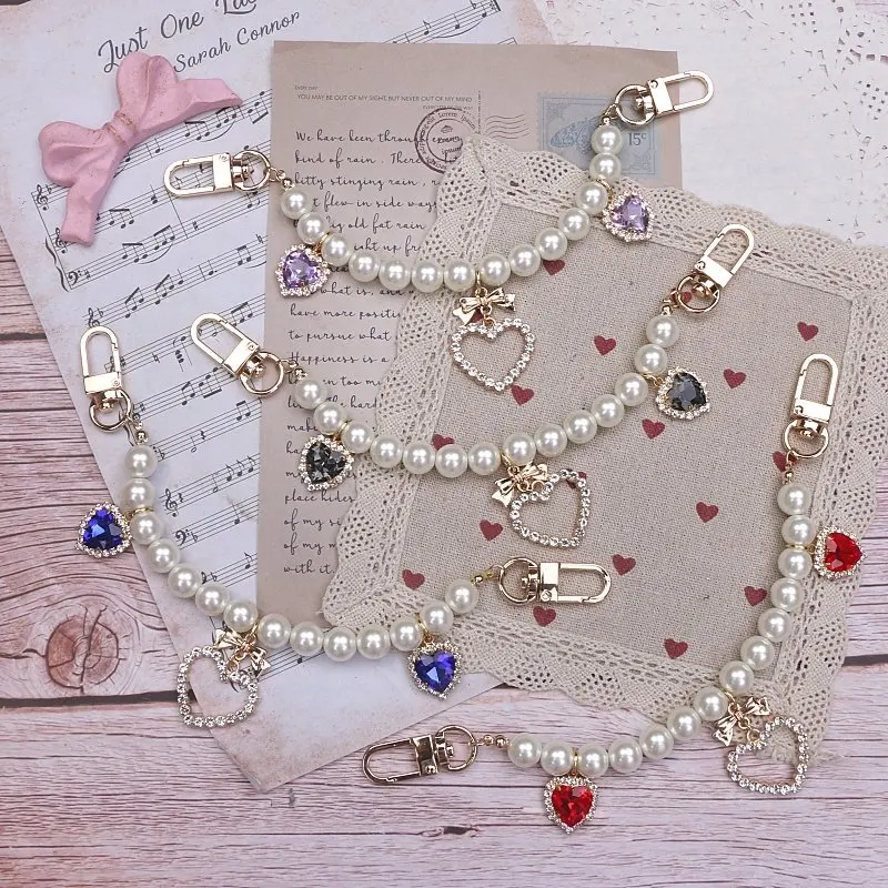 Ita Bag Accessories Japanese Style Pearls Chain Bag Handmade 23cm Length Chain Keychain with Heart Pendant for Lolita Girl
