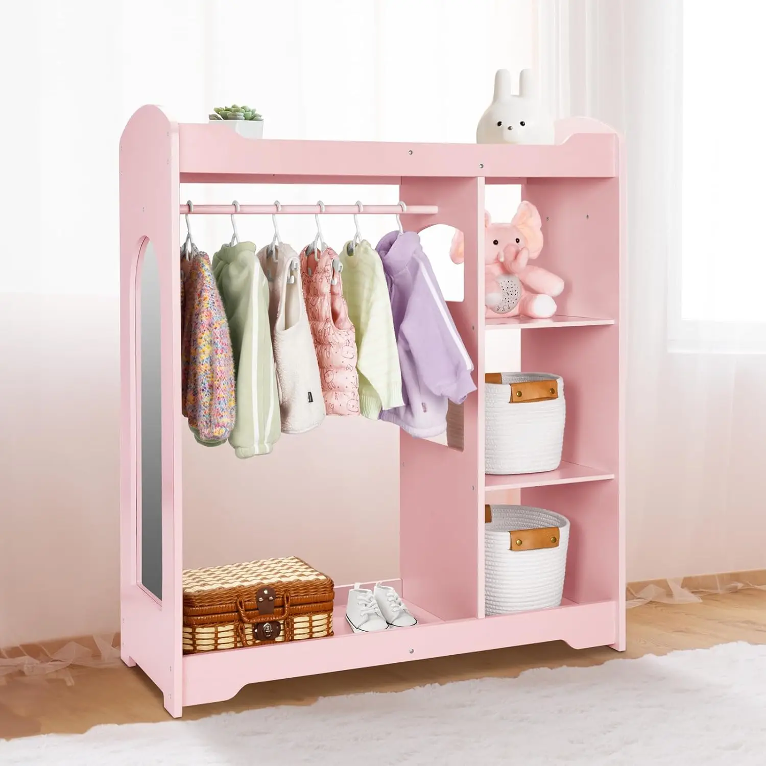 Ack and Armoire مع مرآة، ارتفاع مناسب لتخزين ملابس الأطفال مع جهاز مضاد للطرف، يساعد الأطفال على إدارة الملابس الخاصة،