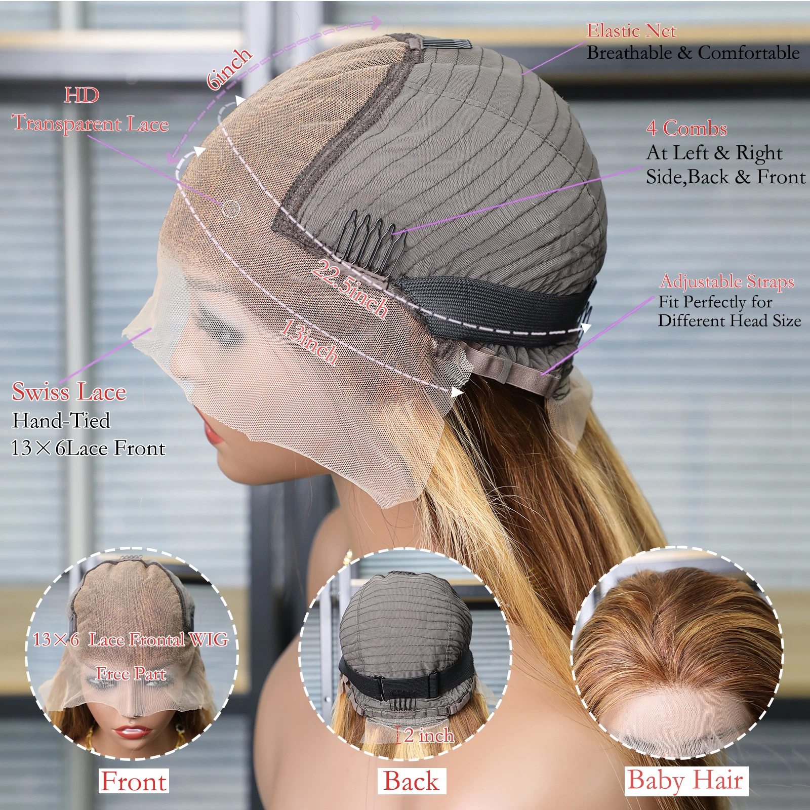 شعر مستعار بشري بدانتيل أمامي ، تمييز أمامي مستقيم ، جودة ، بني ، لون أشقر ، 13 × 6 ، P4/27